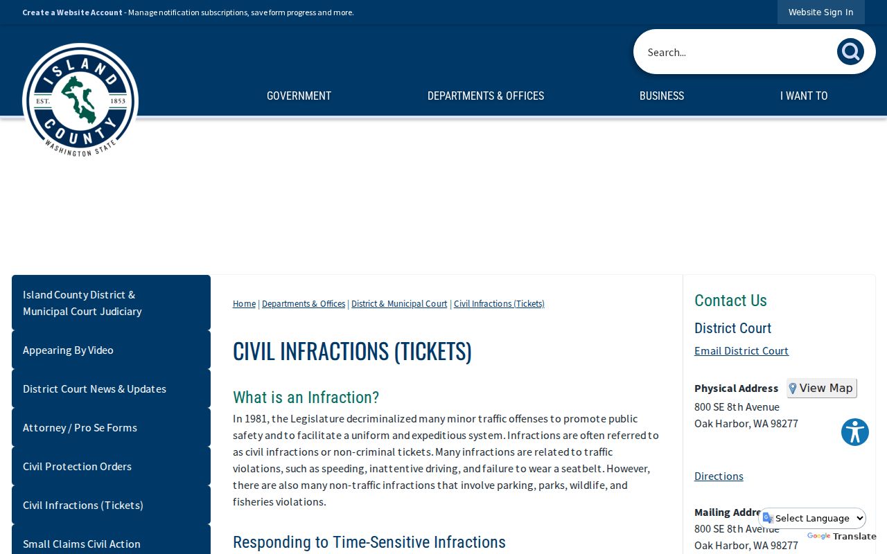Island County traffic court records and civil infraction response instructions