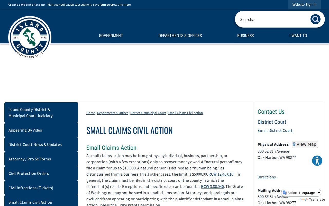 Island County civil docket small claims information page