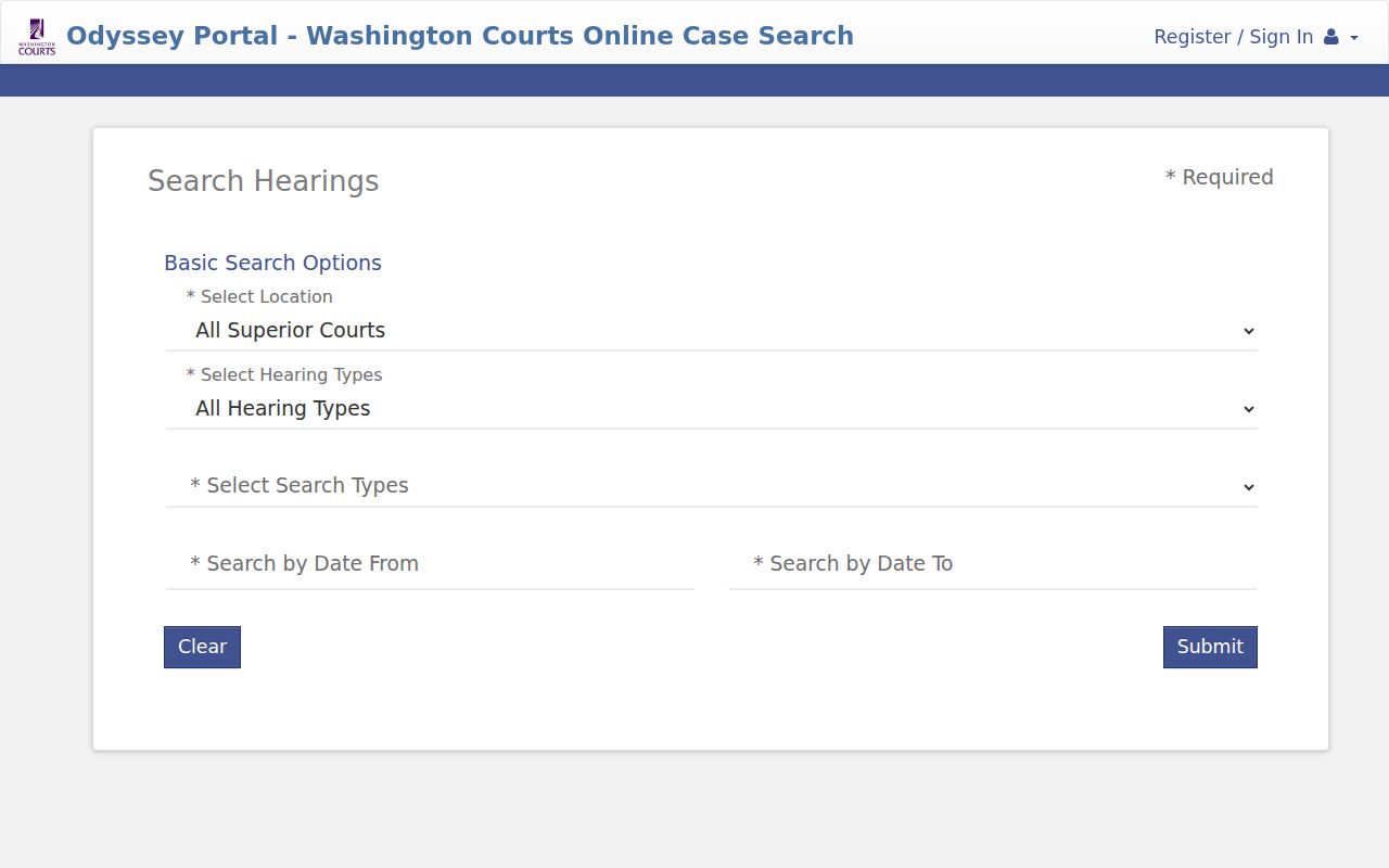 Island County court calendar Odyssey Search Hearings screen