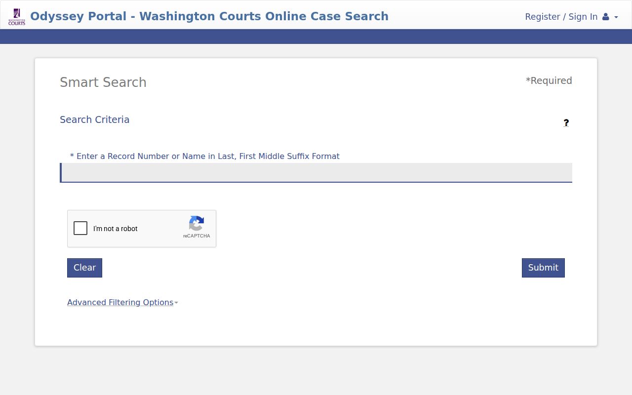 Island County case search Odyssey Smart Search screen