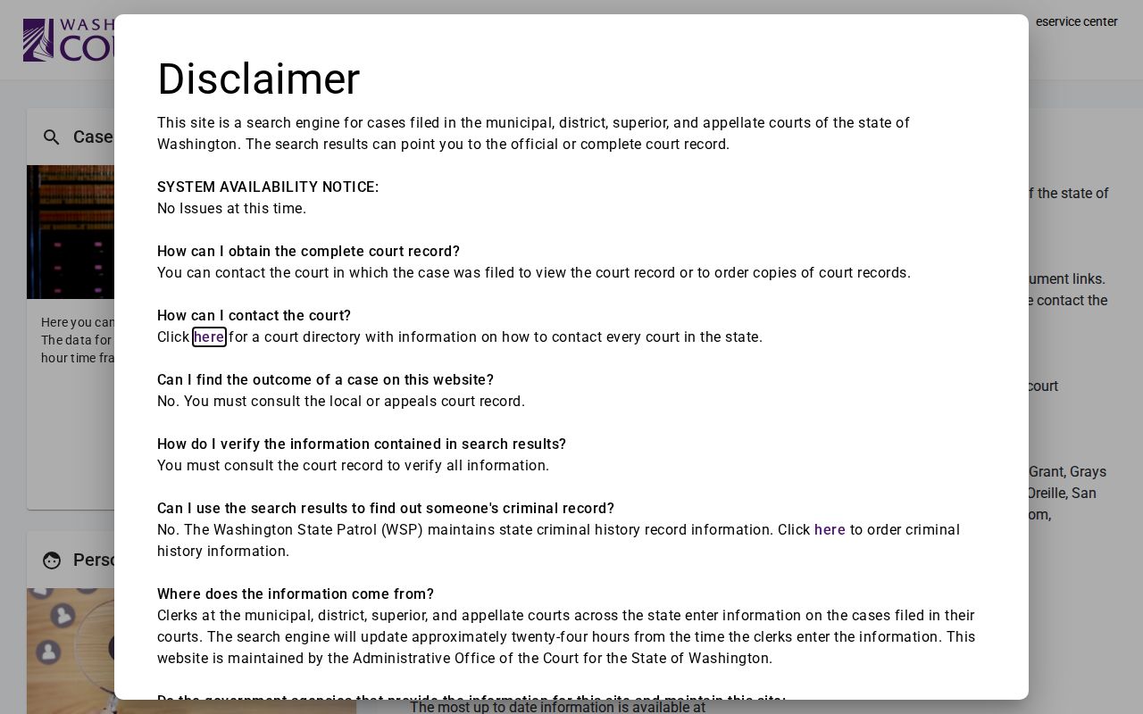 Island County case search choices on Washington Courts portal